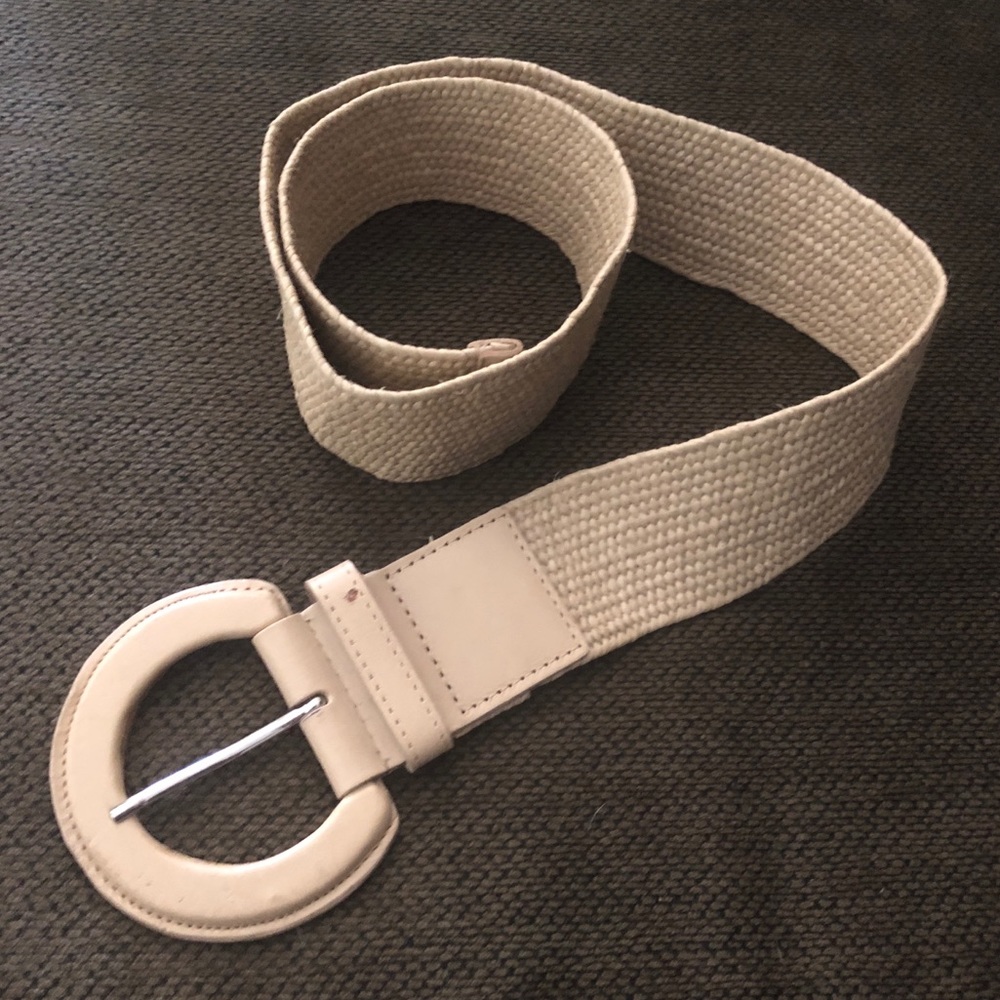 Women’s Wide Woven Cream Belt with Round Buckle